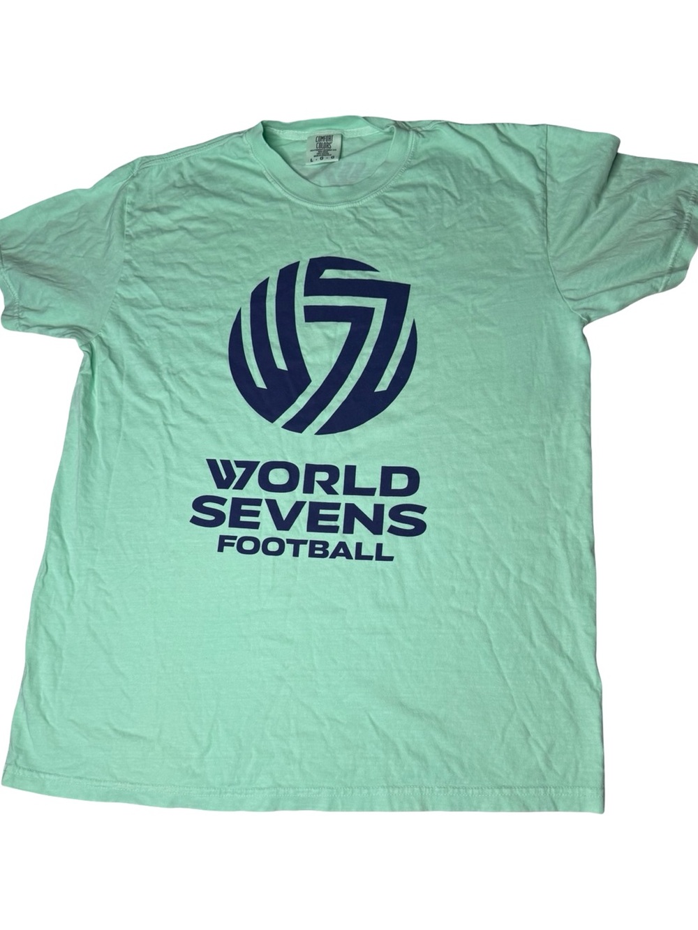 Comfort Colors World Sevens Football Tee in Mint Green with Navy Logo